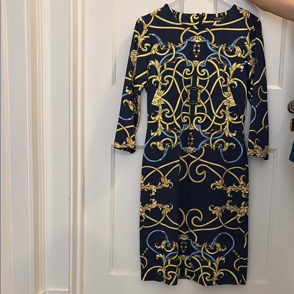 J. McLaughlin Black and Gold Chain Print Midi Dress